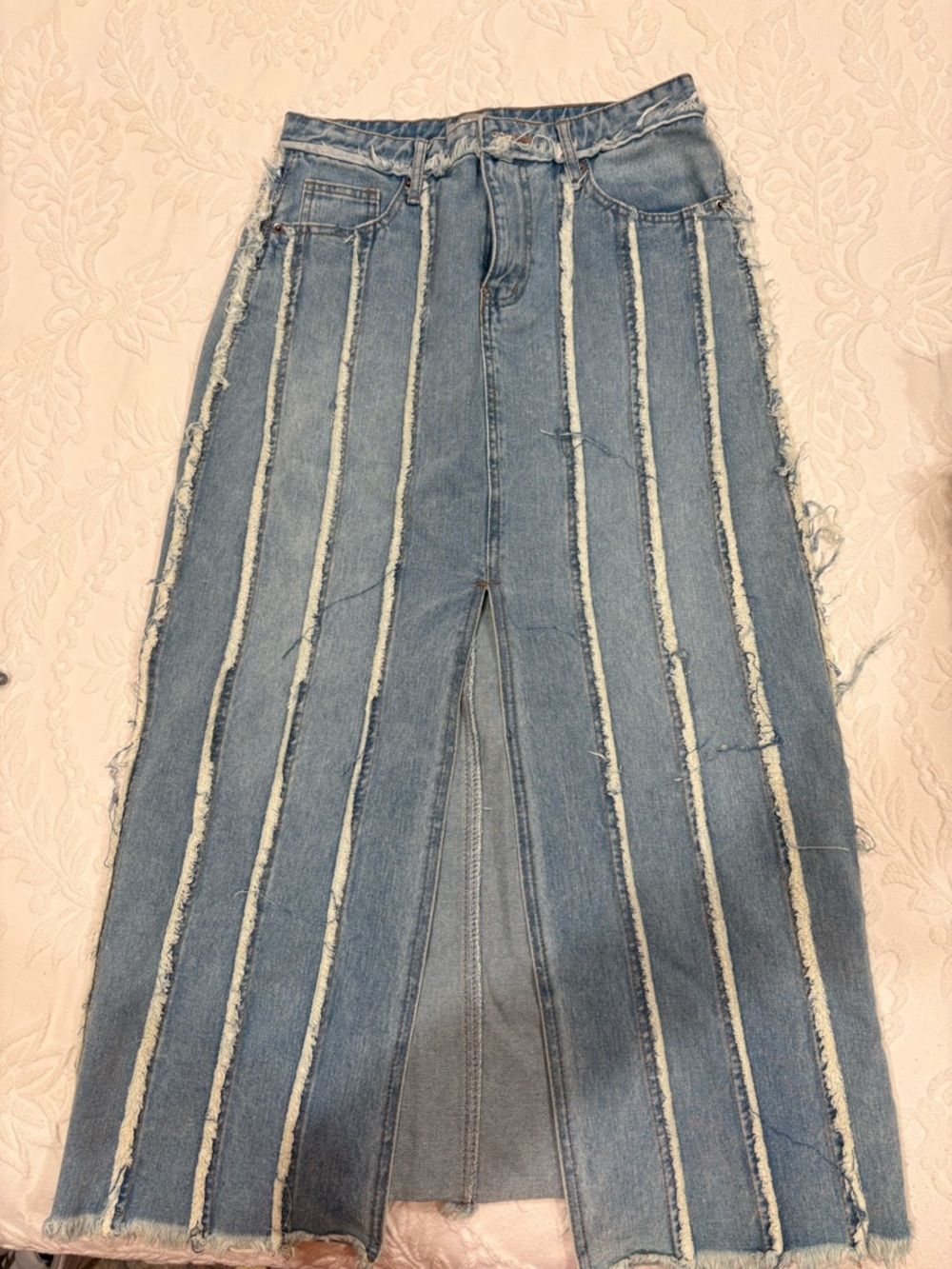 Striped Frayed Denim Maxi Skirt in Light Blue